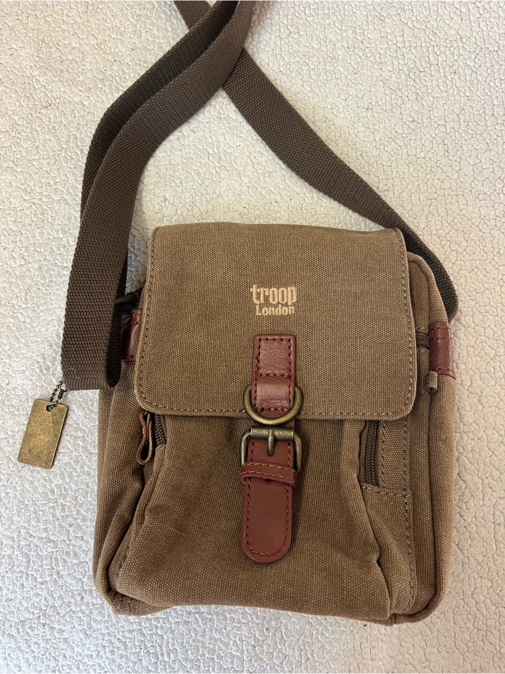 Troop London Classic Canvas Across Body Bag Brown Leather